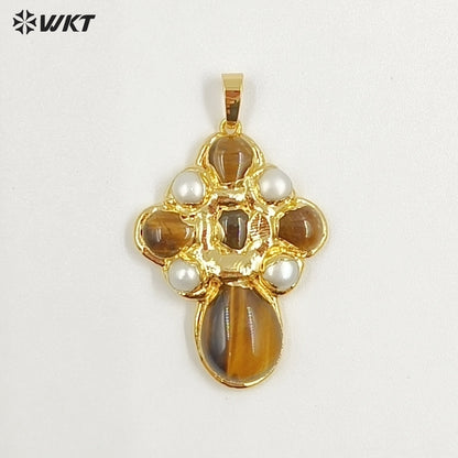 WT-JP384 Specially Designed Religious Unisexual 18K Gold Plated Cross Shaped Pearl and Turquoise Pendant As Daily Decoration