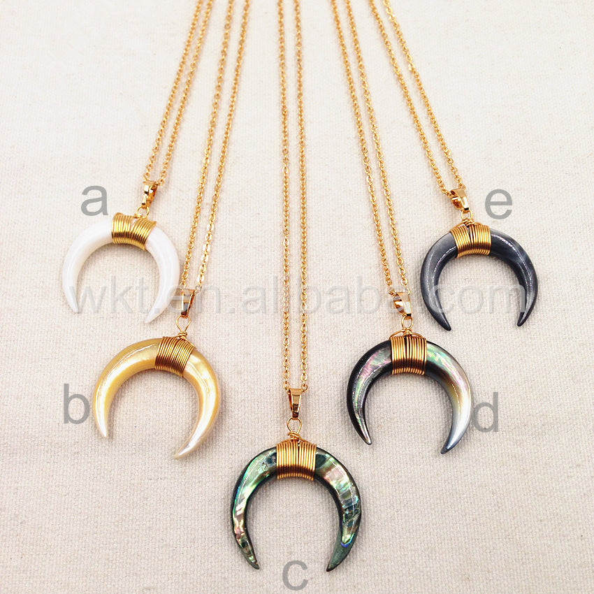 WT-N749 Big Amazing Natural Crescent Shell Necklace Handmade Wire Wrapped Gold Half Moon Crescent Shell Necklace