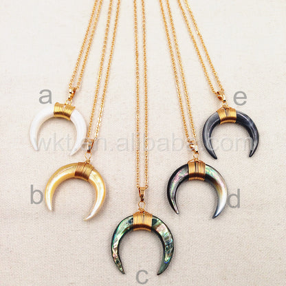 WT-N749 Big Amazing Natural Crescent Shell Necklace Handmade Wire Wrapped Gold Half Moon Crescent Shell Necklace
