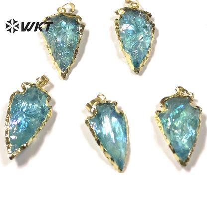 WT-P1776 WKT Original Design Natural Aqua Raw Crystal Quartz Pendants Arrowhead Blue Crystal Pendant Aqua Quartz Pendant