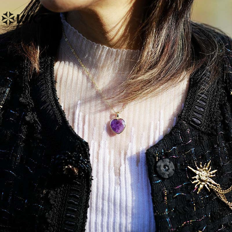 WT-N1486 Exquisite Gemstones Women Jewelry Heart Shape Amethyst Stone Necklace Gold Plated 18 Inches Chain Resist Tarnishable