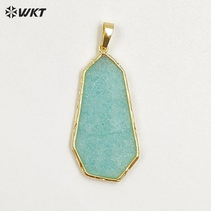 WT-P2127 Wholesale Gold Electroplated Natural Labradorite And Amazonite Stone Geometric Pendants For Lady Necklace Design