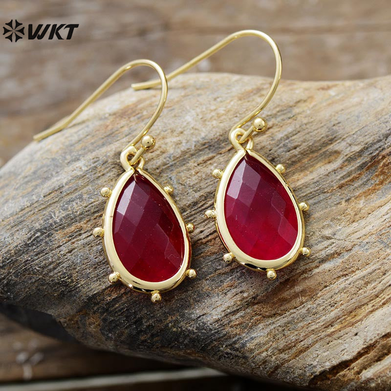 WT-E782 Wholesale Ladies Jewelry Gold Plated With Natural Gemstones African Turquoise Stone Earrings Water Drop Shape Design