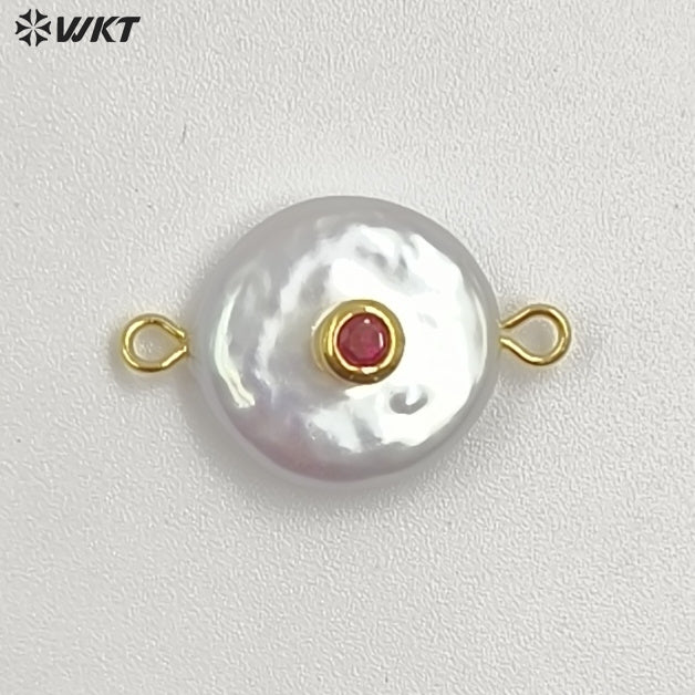 WT-JP252 WKT NEW Natural Freshwater Pearl Cross Pendant Fashion Gold Simple Cz Charm Double Loops Connector As Jewelry Findings