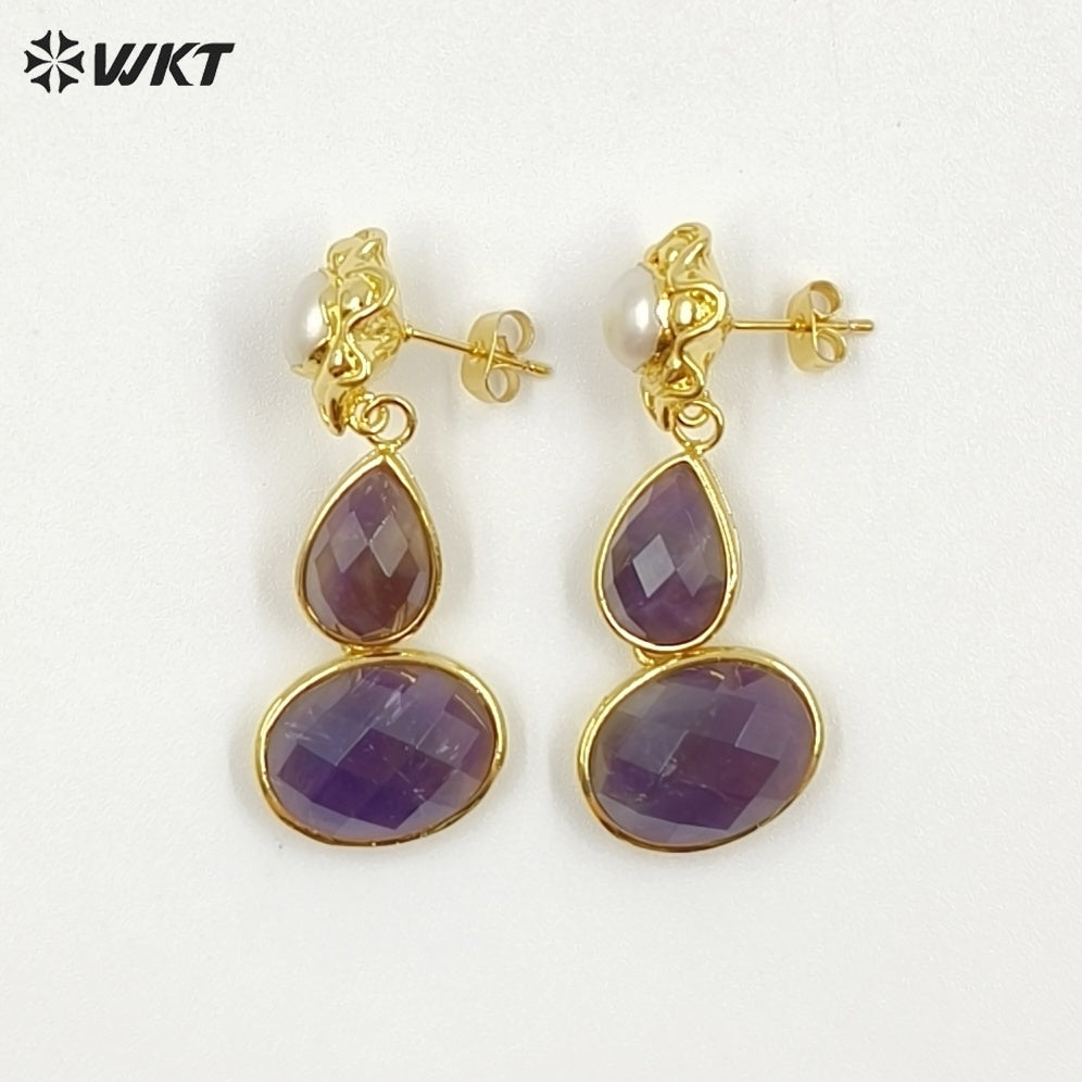 WT-E824 Exclusive Natural Pearl And Double Gemstones Gold Plated Women Earrings For Friends Vintage Beautiful Jewelry Gifts