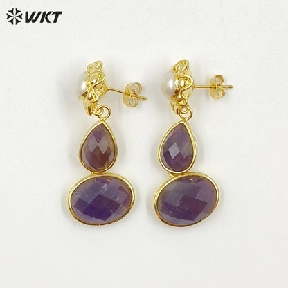 WT-E824 Exclusive Natural Pearl And Double Gemstones Gold Plated Women Earrings For Friends Vintage Beautiful Jewelry Gifts