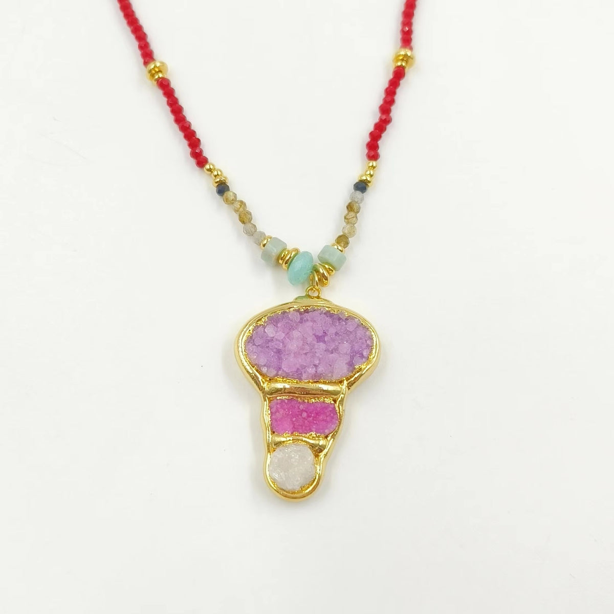 WT-N1452 Amazing Flame Color 3mm Beads Hand Strand With Natural Druzy Quartz Stone Pendant Fashion Boho Women Necklace