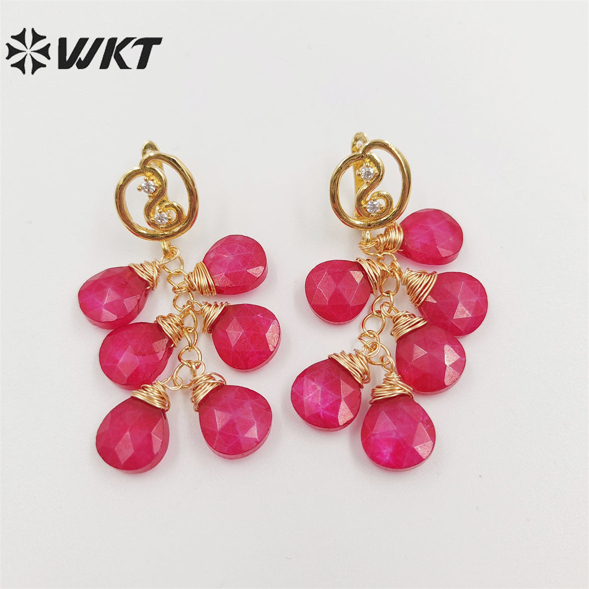 WKT-E672 Amazing Handmade Fashion Wire Wrapped Water Drop Natural Chalcedony Stone Dangle Earrings Charming Women Jade Earrings