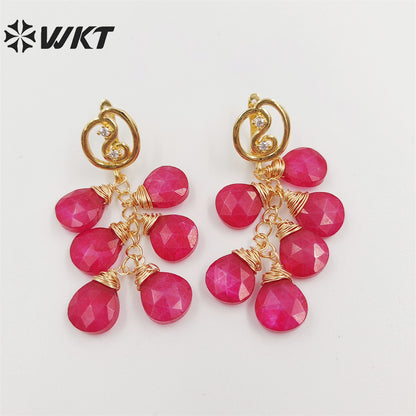 WKT-E672 Amazing Handmade Fashion Wire Wrapped Water Drop Natural Chalcedony Stone Dangle Earrings Charming Women Jade Earrings