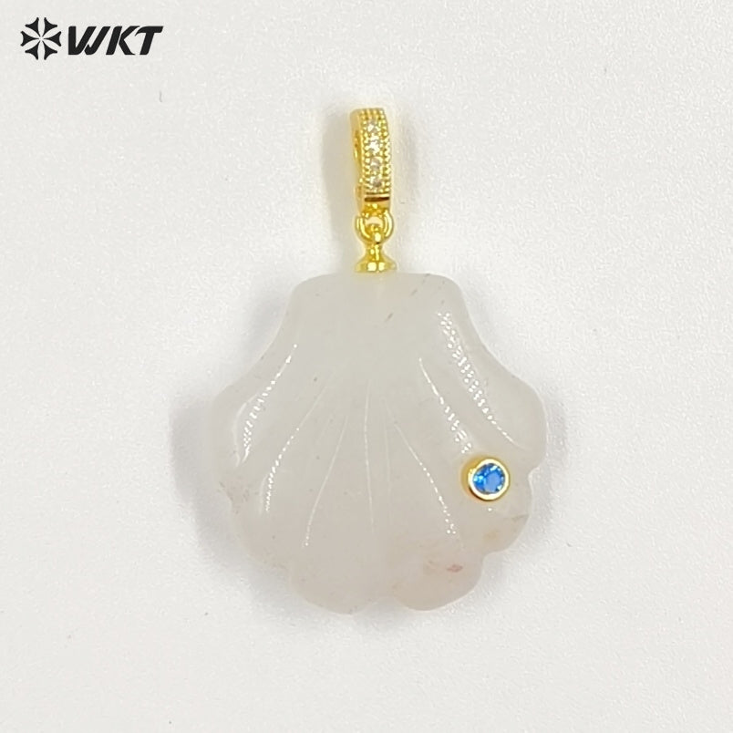 WT-P2097 Lovely Design Natural Gemstones And Colorful Zircon Hand Carved Shell Shape Little Pendants For Female Jewelry DIY