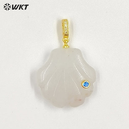 WT-P2097 Lovely Design Natural Gemstones And Colorful Zircon Hand Carved Shell Shape Little Pendants For Female Jewelry DIY