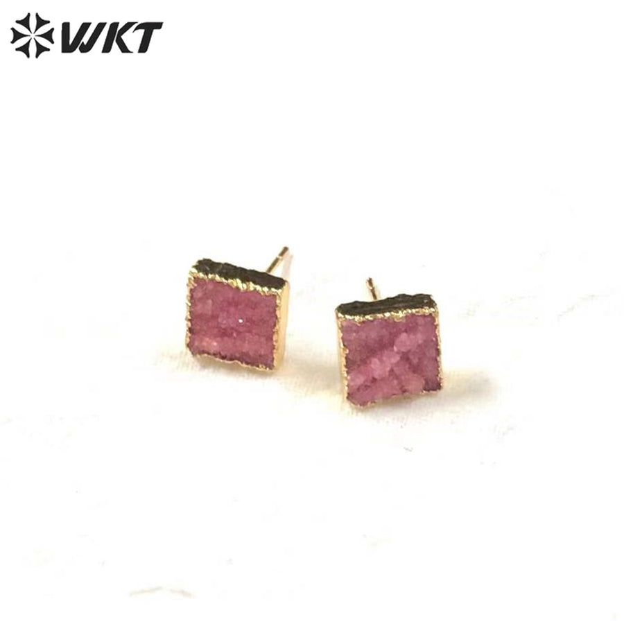 WT-E274 Wholesale Fashion Gold Plated Colorful Druzy Quartz Studs Earrings Natural Women 10mm square Stone Studs