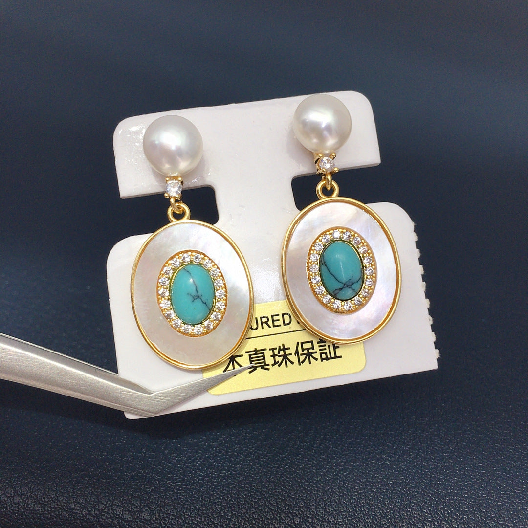 WT-MPE174 Wholesale Vintage Gold Plated Mother Of Pearl With Zircon And Natural Stone Women Earrings For Fashion Jewelry Gifts