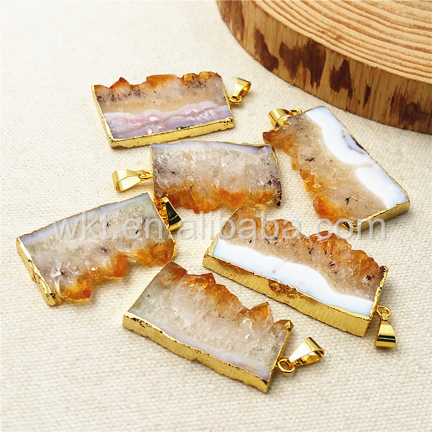 WT-P969 Natural Yellow Citrine Pendant Wholesale for Jewelry Making,high Quality Slice Yellow Citrine Pendant with Gold Plated