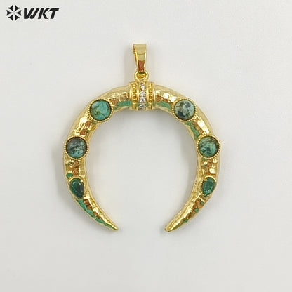 WT-P2050 Delicate 18K Gold Plated Zircon And Lapis Multi Gemstones Horn Shape Pendants For Women DIY Jewelry Accessories