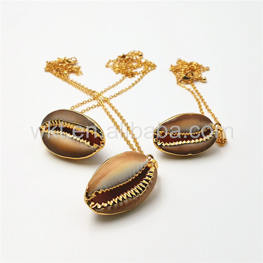 WT-JN018 New Design Brown Cowrie Necklace & Pendant Jewelry,Natural Brown Cowrie Necklace with 18" Gold Chain Necklace Wholesale