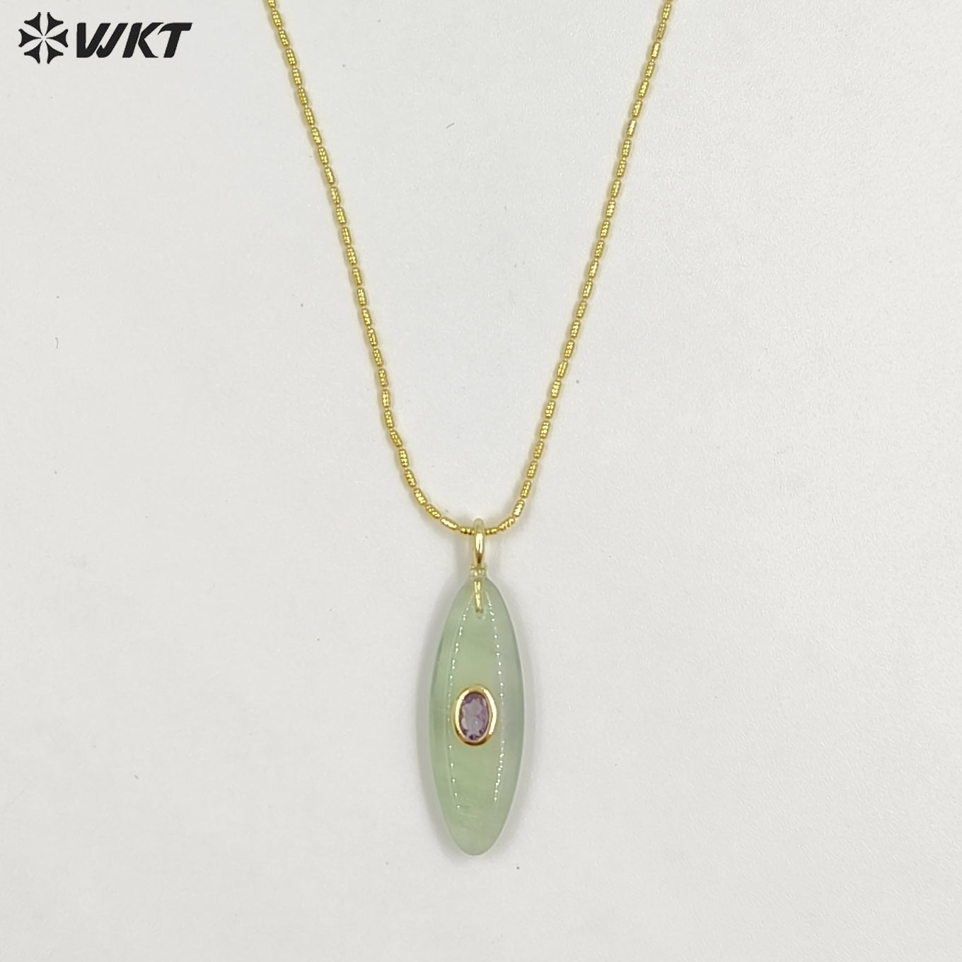 WT-N1509 High Quality Thin Chain Gold Electroplated Natural Gemstones With Zircon Long Oval Shape Pendant Necklaces As Lady Gift
