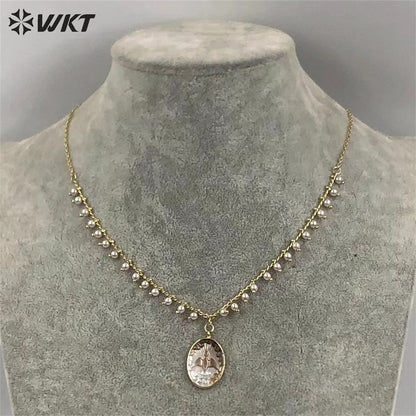 WT-JN172 WKT Wholesale Classic Oval White Shell Pendant Necklace Gold Electroplated with Mini Pearl Chain Religious Necklace