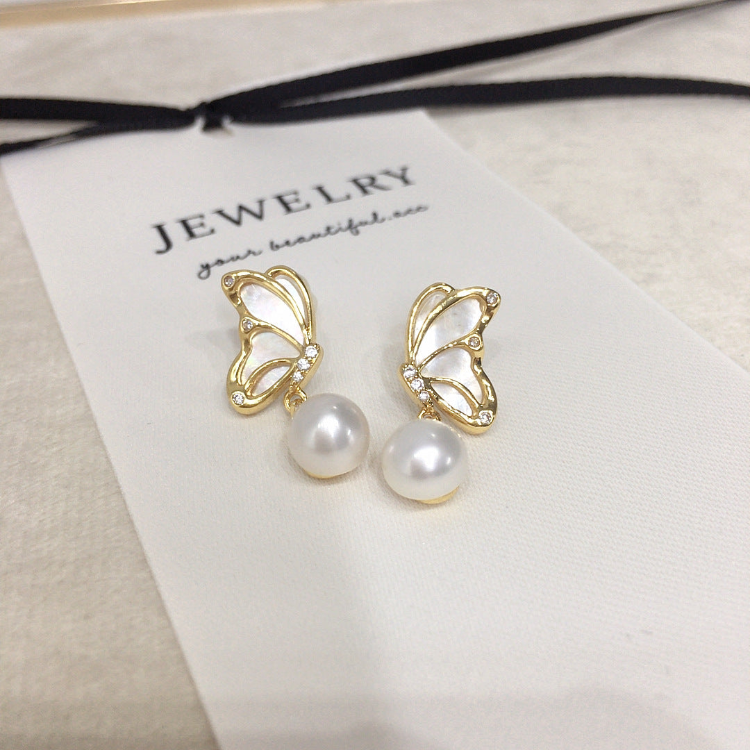 WT-MPE175 Exquisite Gold Plated Zircon And Round Mother Of Pearl Butterfly Earrings As Lady Daily Wearing Elegant Accessory