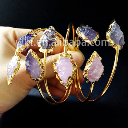 WT-B183 Vintage Fashion Trendy Wholesale Double Arrowhead Amethyst Bracelet, 24k Adjustable Gold Plated Cuff Bracelet