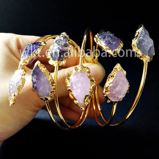 WT-B183 Vintage Fashion Trendy Wholesale Double Arrowhead Amethyst Bracelet, 24k Adjustable Gold Plated Cuff Bracelet