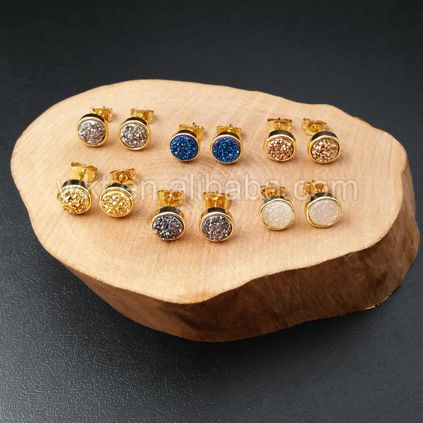 WT-E237 Hot Fashionable Round Druzy Studs Multi Color 10mm Druzy Quartz Studs