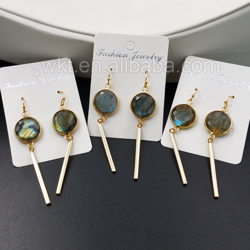 WT-E323 Wholesale Natural Round Labradorite Earring, 24K Real Gold Plated With Fashion Metal Bar Labradorite Earring