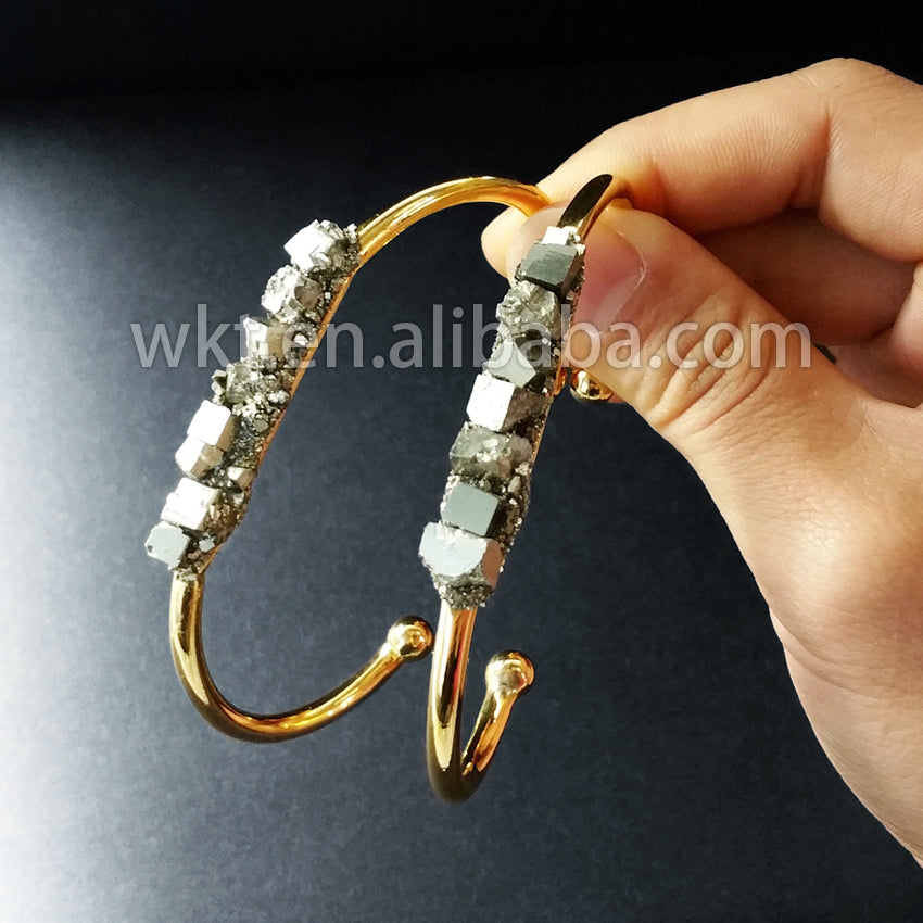 WT-B204 Fashion Trendy Wholesale Nature Pyrite Cuff Banles for Gift Women Raw Pyrite Gold Cuff Stacking Bracelet