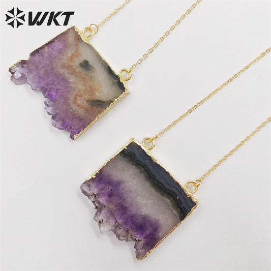 WT-N123 Hot Fashion Gold Slice Amethyst Stone Pendant Necklace High Quality Natural Brazil Druzy Amethyst Stone Necklace