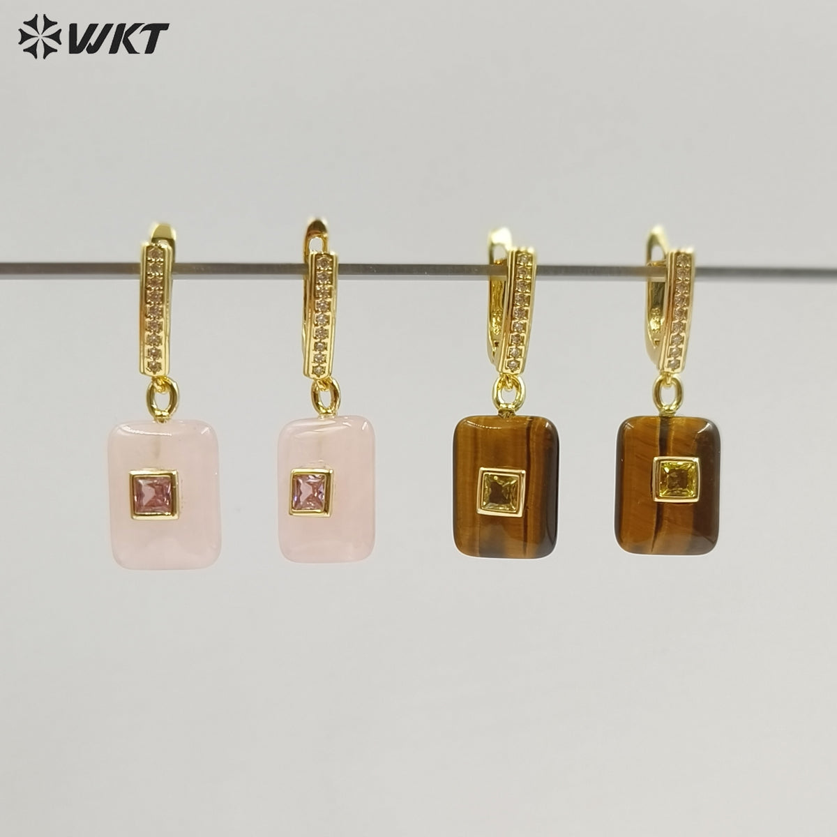 WT-E796 Top Quality Gold Plated Natural Multi Colors Gemstones With Zircon Rectangle Pendant Earrings For Lady Daily Wearing