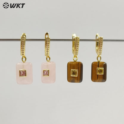 WT-E796 Top Quality Gold Plated Natural Multi Colors Gemstones With Zircon Rectangle Pendant Earrings For Lady Daily Wearing