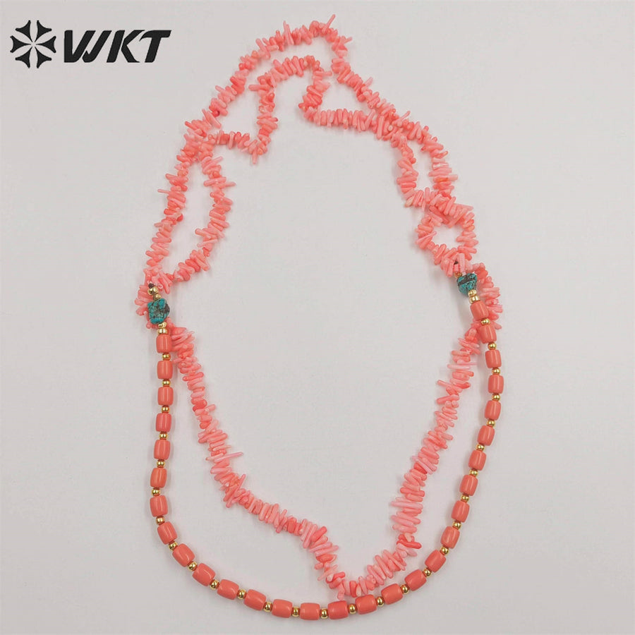 WT-N1420 Gorgeous Natural Red Coral Necklace 28inch Long Triple Layer Vintage Boho Beads Necklace Casual Long Statement Necklace