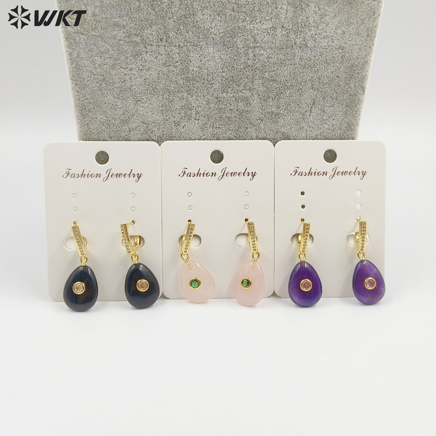 WT-E798 Beautiful Classic Gold Plated Natural Gemstones Setting In Zircon Waterdrop Shape Earrings As Lady Daily Decoration