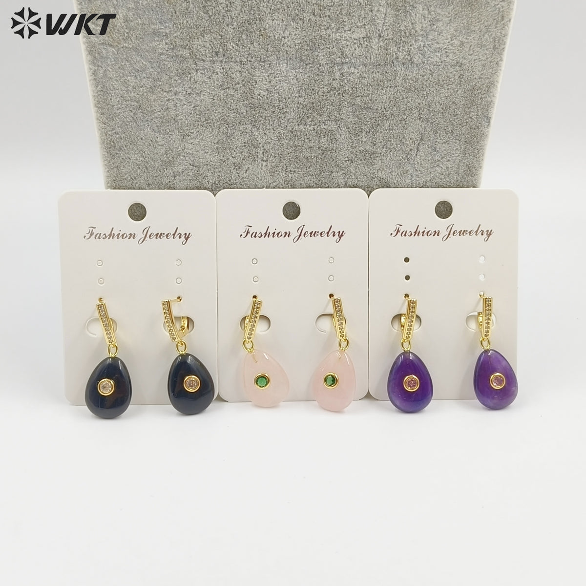 WT-E798 Beautiful Classic Gold Plated Natural Gemstones Setting In Zircon Waterdrop Shape Earrings As Lady Daily Decoration