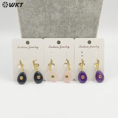 WT-E798 Beautiful Classic Gold Plated Natural Gemstones Setting In Zircon Waterdrop Shape Earrings As Lady Daily Decoration