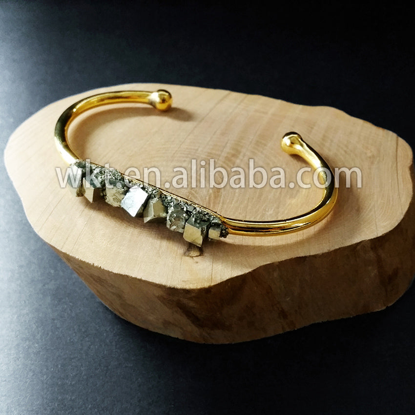 WT-B204 Fashion Trendy Wholesale Nature Pyrite Cuff Banles for Gift Women Raw Pyrite Gold Cuff Stacking Bracelet