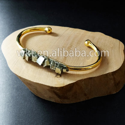 WT-B204 Fashion Trendy Wholesale Nature Pyrite Cuff Banles for Gift Women Raw Pyrite Gold Cuff Stacking Bracelet