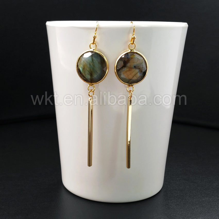 WT-E323 Wholesale Natural Round Labradorite Earring, 24K Real Gold Plated With Fashion Metal Bar Labradorite Earring