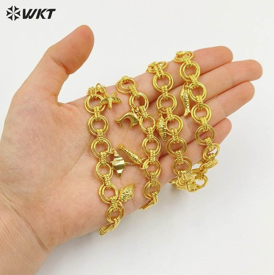 WT-JFN46 Wholesale Amazing Gold Plated Double Circles Chain With Cute Shell Charms Necklace For Women Seaside Vacation Gift