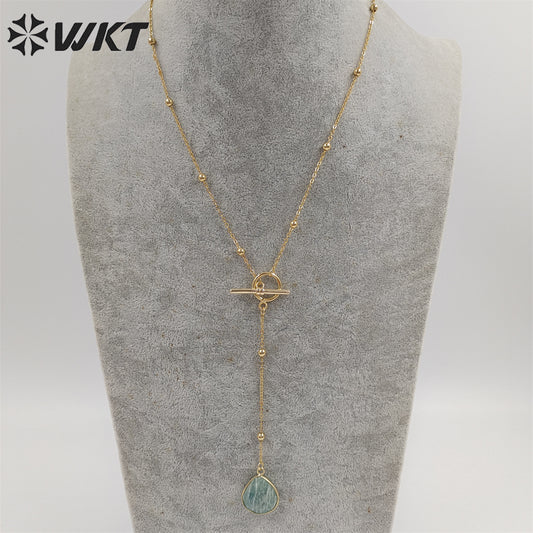WT-N1386 WKT Newest Fashion Gold Plated Women Lariet Pendant Necklace Gold Beads Chain Themed Stone Necklace