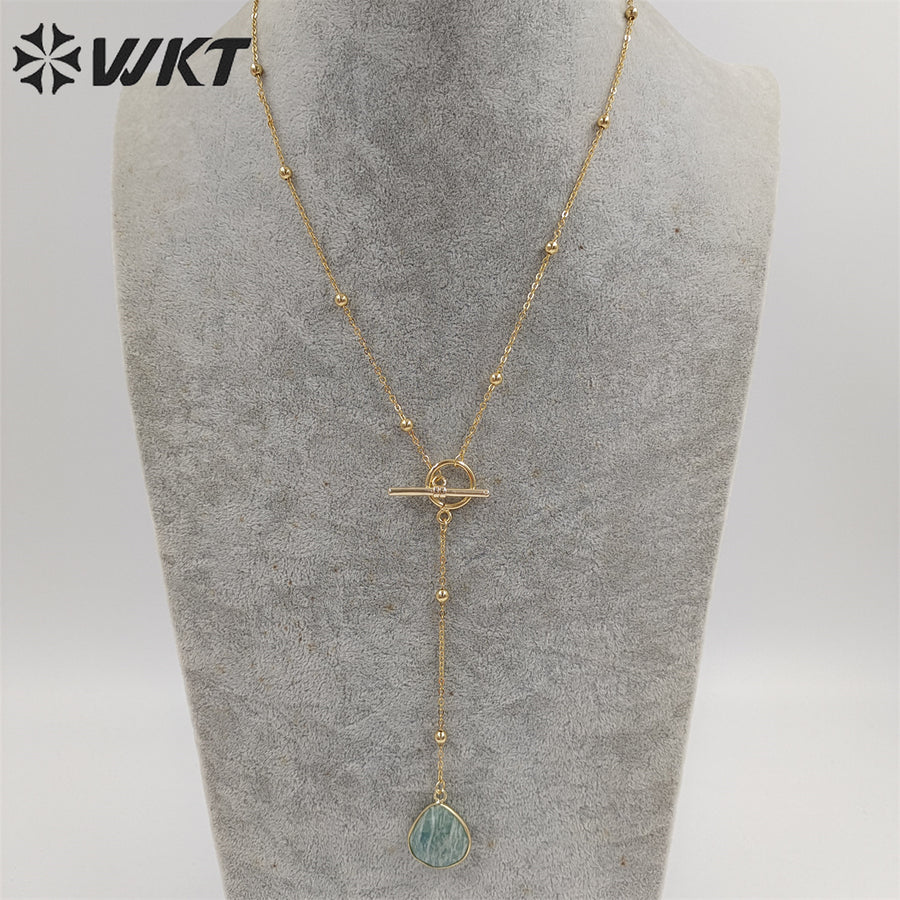 WT-N1386 WKT Newest Fashion Gold Plated Women Lariet Pendant Necklace Gold Beads Chain Themed Stone Necklace