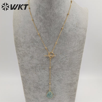 WT-N1386 WKT Newest Fashion Gold Plated Women Lariet Pendant Necklace Gold Beads Chain Themed Stone Necklace