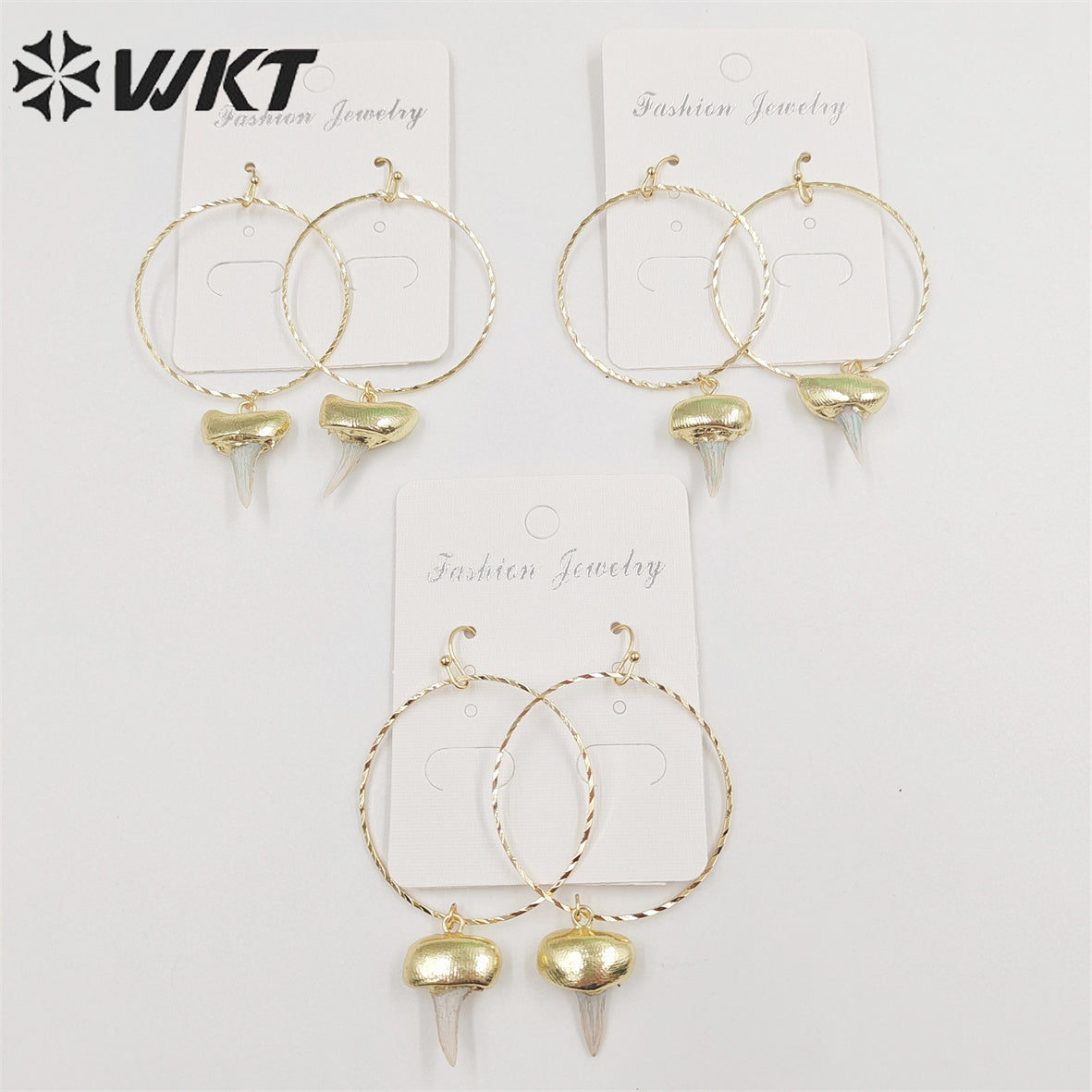 WKT-E676 Fashion Gold Plated Specimen Teeth Earrings Women Unique Big Hoop Dangle Shark Tooth Earrings