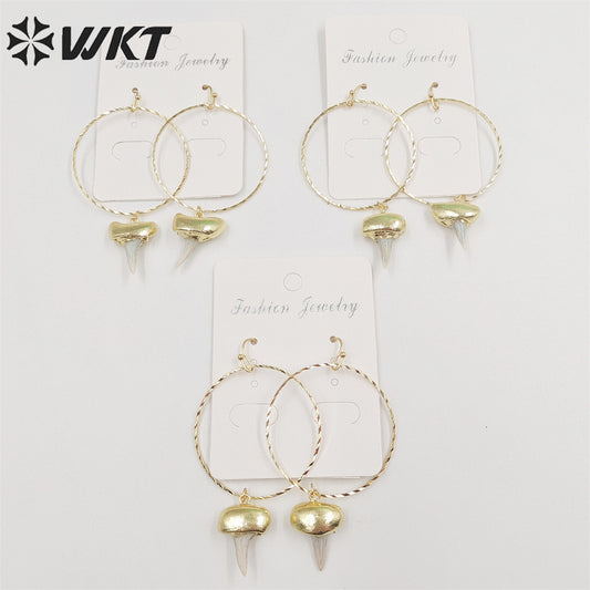 WKT-E676 Fashion Gold Plated Specimen Teeth Earrings Women Unique Big Hoop Dangle Shark Tooth Earrings