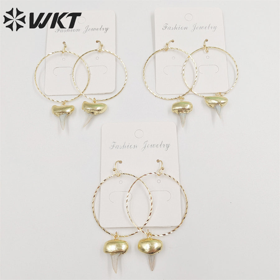 WKT-E676 Fashion Gold Plated Specimen Teeth Earrings Women Unique Big Hoop Dangle Shark Tooth Earrings