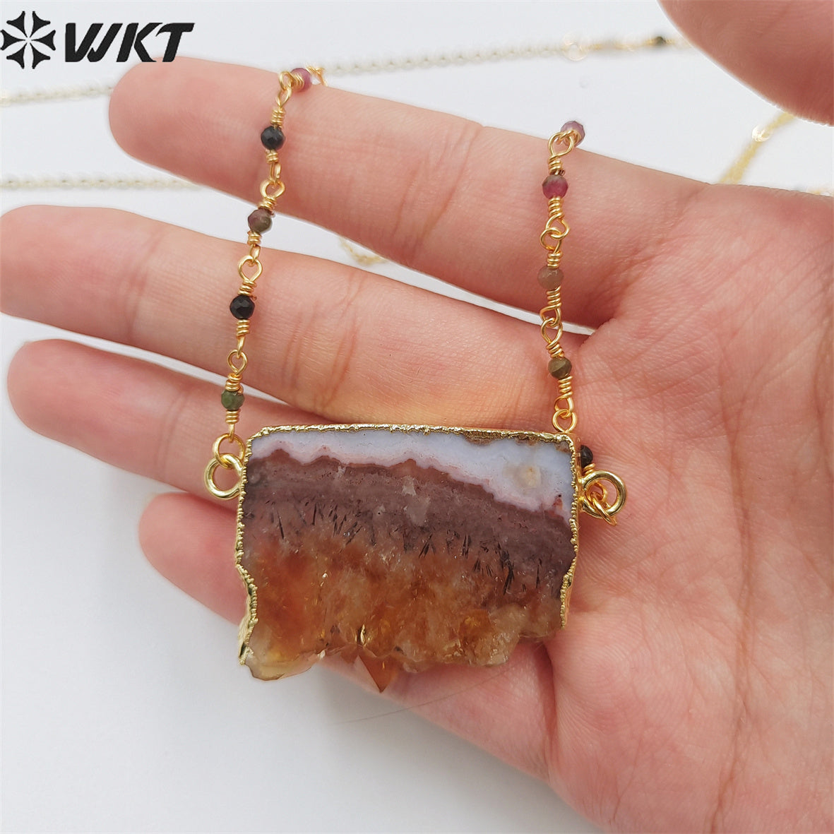 WT-N1404 Wholesale Newest Fashion Gold Double Loops Natural Yellow Citrine Tourmaline Necklace 3mm Beads Slice Stone Necklace