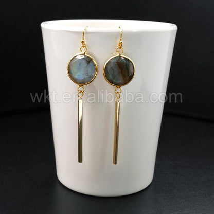 WT-E323 Wholesale Natural Round Labradorite Earring, 24K Real Gold Plated With Fashion Metal Bar Labradorite Earring