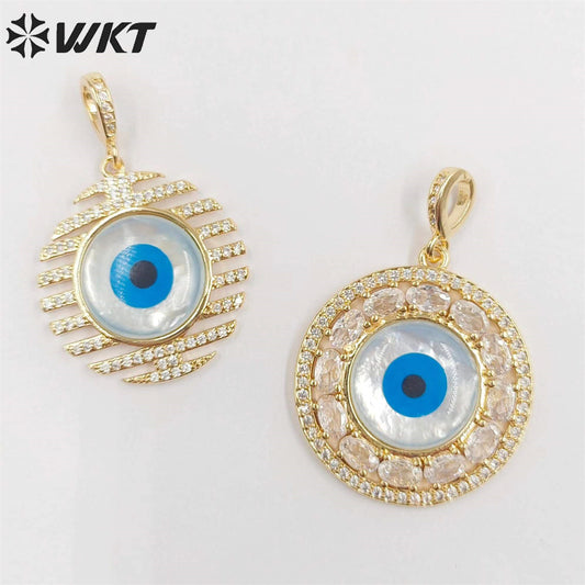 WT-MP257 Wholesale Fashion Charming Micropaved Cubic Zircon Shell Eye Pendants Attractive Round Real Gold Plated CZ Eye Pendant