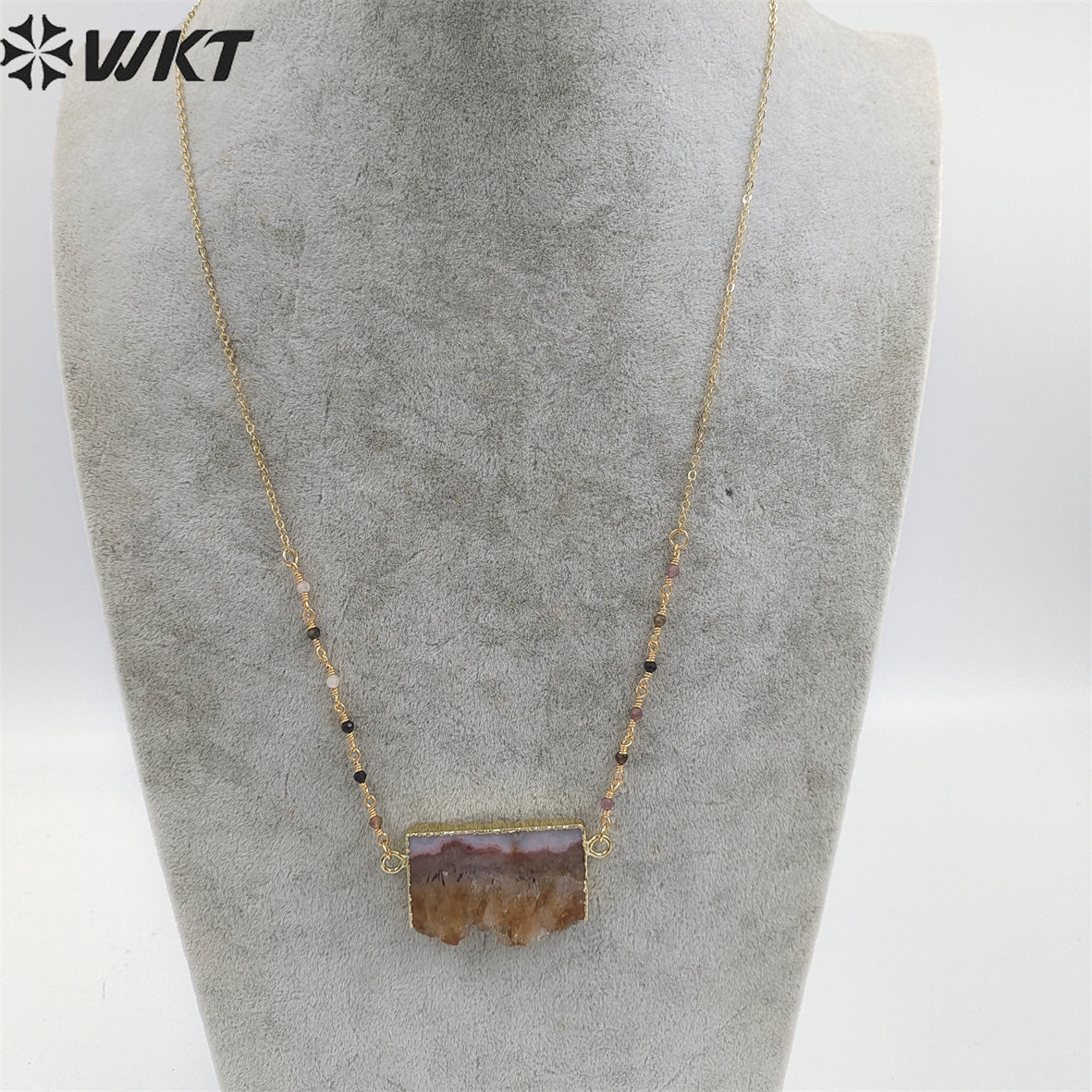 WT-N1404 Wholesale Newest Fashion Gold Double Loops Natural Yellow Citrine Tourmaline Necklace 3mm Beads Slice Stone Necklace