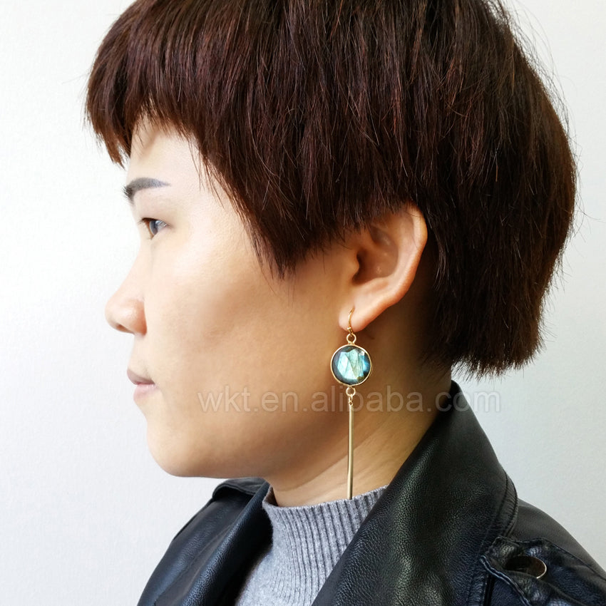 WT-E323 Wholesale Natural Round Labradorite Earring, 24K Real Gold Plated With Fashion Metal Bar Labradorite Earring